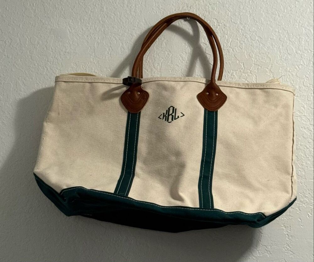Vintage 1980s LL Bean boat and tote Canvas Leather Handle Green Trim Freeport ME